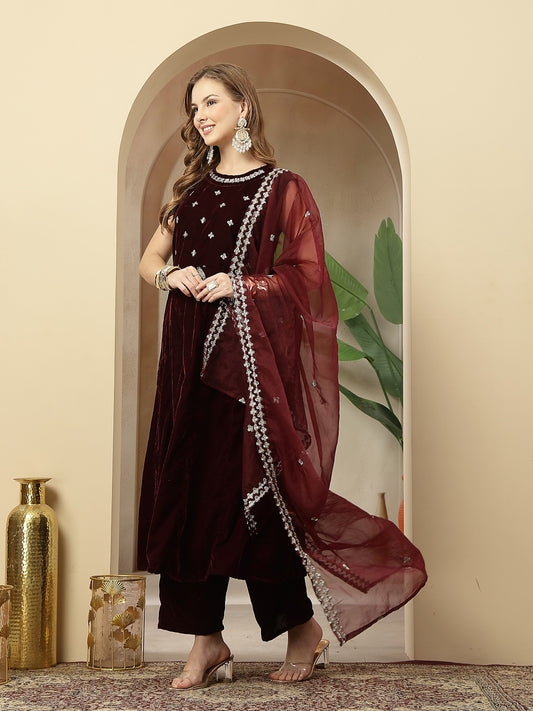 Stylum Women's Wine Solid & Embellished Velvet Anarkali Kurta Pant Dupatta Set (KPDWINEJINI)