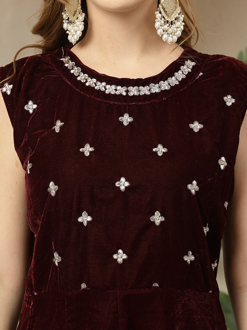 Stylum Women's Wine Solid & Embellished Velvet Anarkali Kurta Pant Dupatta Set (KPDWINEJINI)