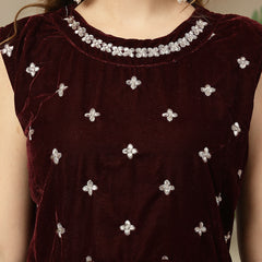 Stylum Women's Wine Solid & Embellished Velvet Anarkali Kurta Pant Dupatta Set (KPDWINEJINI)