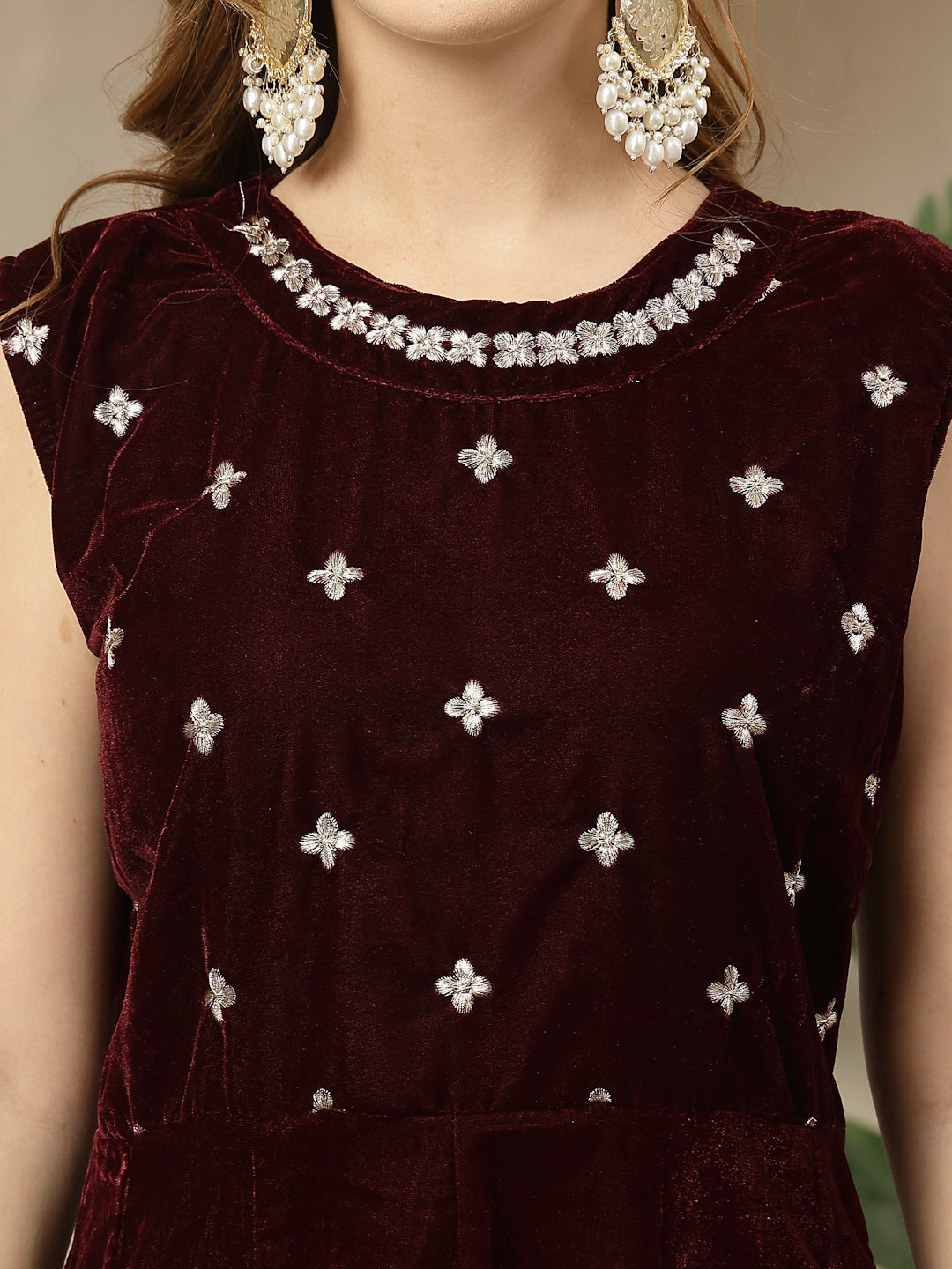 Stylum Women's Wine Solid & Embellished Velvet Anarkali Kurta Pant Dupatta Set (KPDWINEJINI)