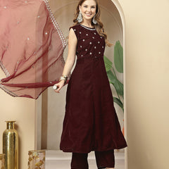 Stylum Women's Wine Solid & Embellished Velvet Anarkali Kurta Pant Dupatta Set (KPDWINEJINI)