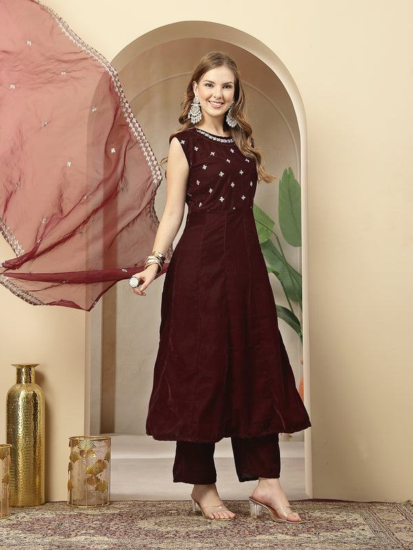 Stylum Women's Wine Solid & Embellished Velvet Anarkali Kurta Pant Dupatta Set (KPDWINEJINI)