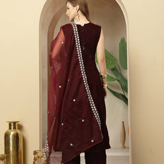 Stylum Women's Wine Solid & Embellished Velvet Anarkali Kurta Pant Dupatta Set (KPDWINEJINI)