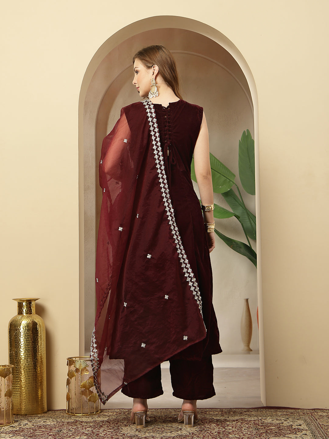 Stylum Women's Wine Solid & Embellished Velvet Anarkali Kurta Pant Dupatta Set (KPDWINEJINI)