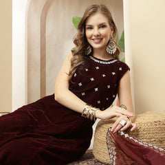Stylum Women's Wine Solid & Embellished Velvet Anarkali Kurta Pant Dupatta Set (KPDWINEJINI)