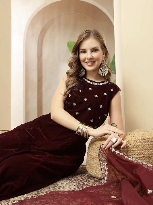 Stylum Women's Wine Solid & Embellished Velvet Anarkali Kurta Pant Dupatta Set (KPDWINEJINI)