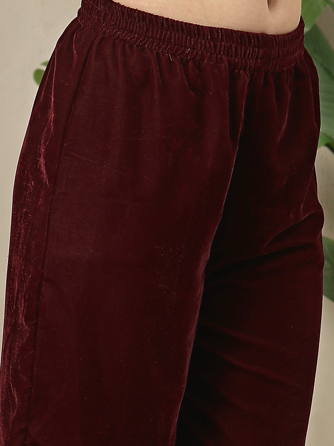 Stylum Women's Wine Solid & Embellished Velvet Anarkali Kurta Pant Dupatta Set (KPDWINEJINI)