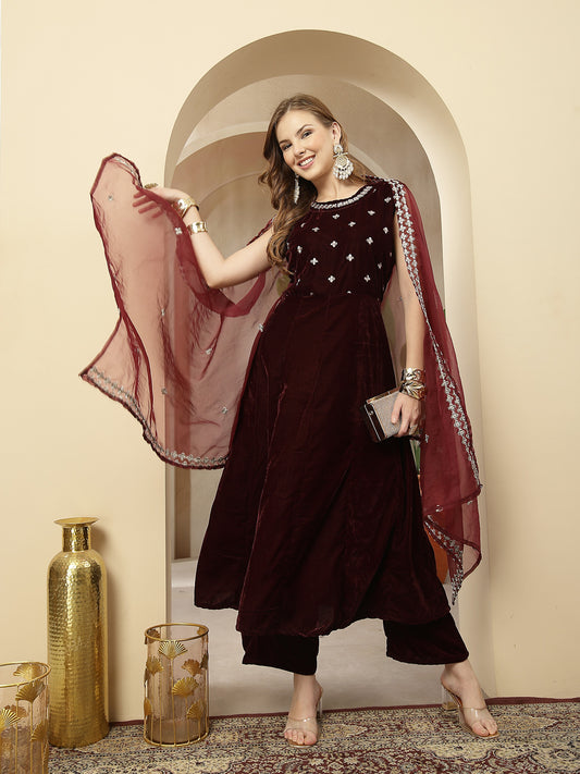 Stylum Women's Wine Solid & Embellished Velvet Anarkali Kurta Pant Dupatta Set (KPDWINEJINI)