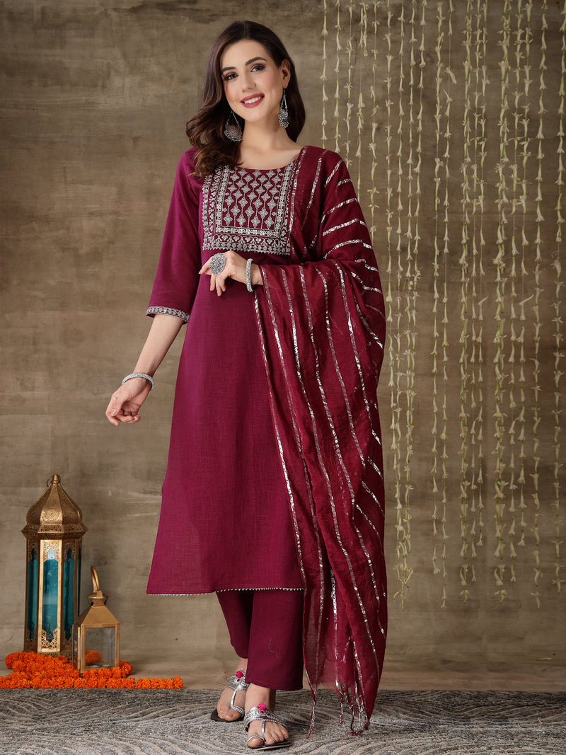 Cotton Straight Kurta Pant Dupatta Set
