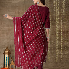 Stylum Women's Embroidered Cotton Straight Kurta Pant Dupatta Set (KPDWINELILA)