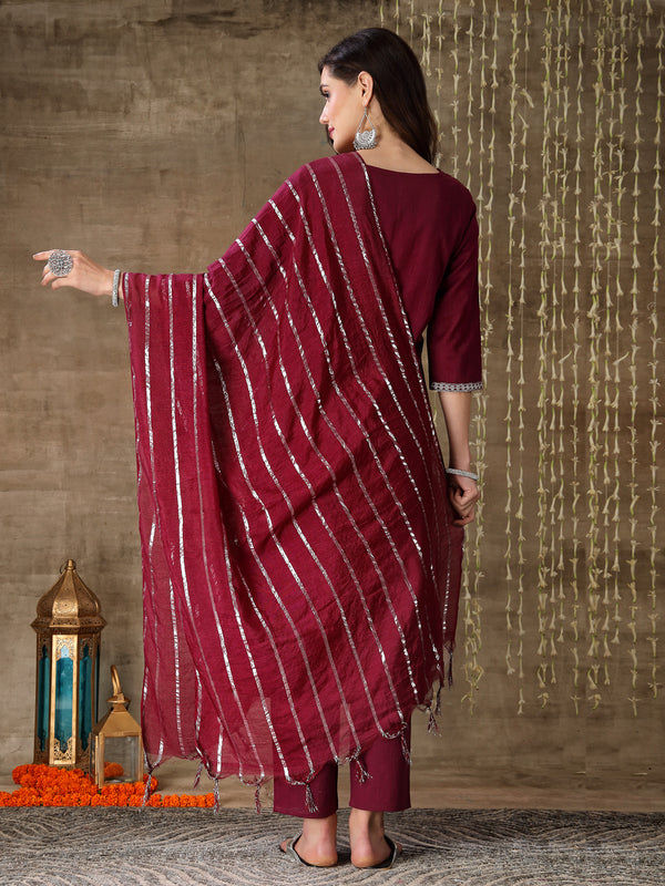 Stylum Women's Embroidered Cotton Straight Kurta Pant Dupatta Set (KPDWINELILA)