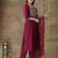 Stylum Women's Embroidered Cotton Straight Kurta Pant Dupatta Set (KPDWINELILA)