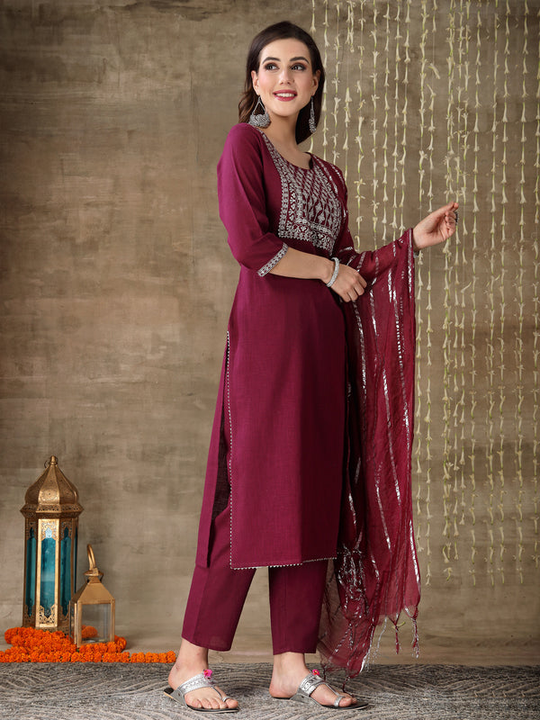 Stylum Women's Embroidered Cotton Straight Kurta Pant Dupatta Set (KPDWINELILA)