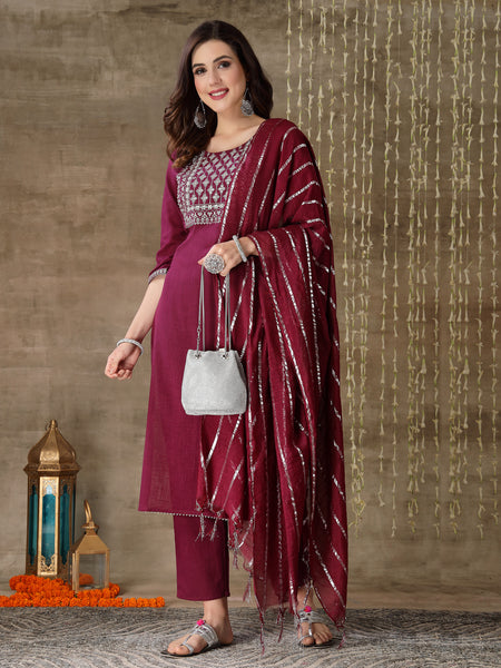 Cotton Straight Kurta Pant Dupatta Set