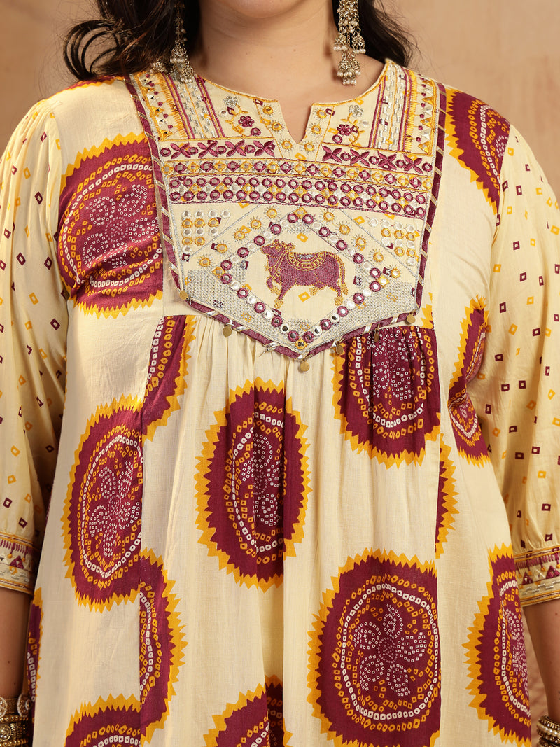 Stylum Women's Plus Size Wine Bandhej Printed & Embroidered Cotton A-Line Kurta Pant Dupatta Set (KPDWINEMISHRIPLUS)