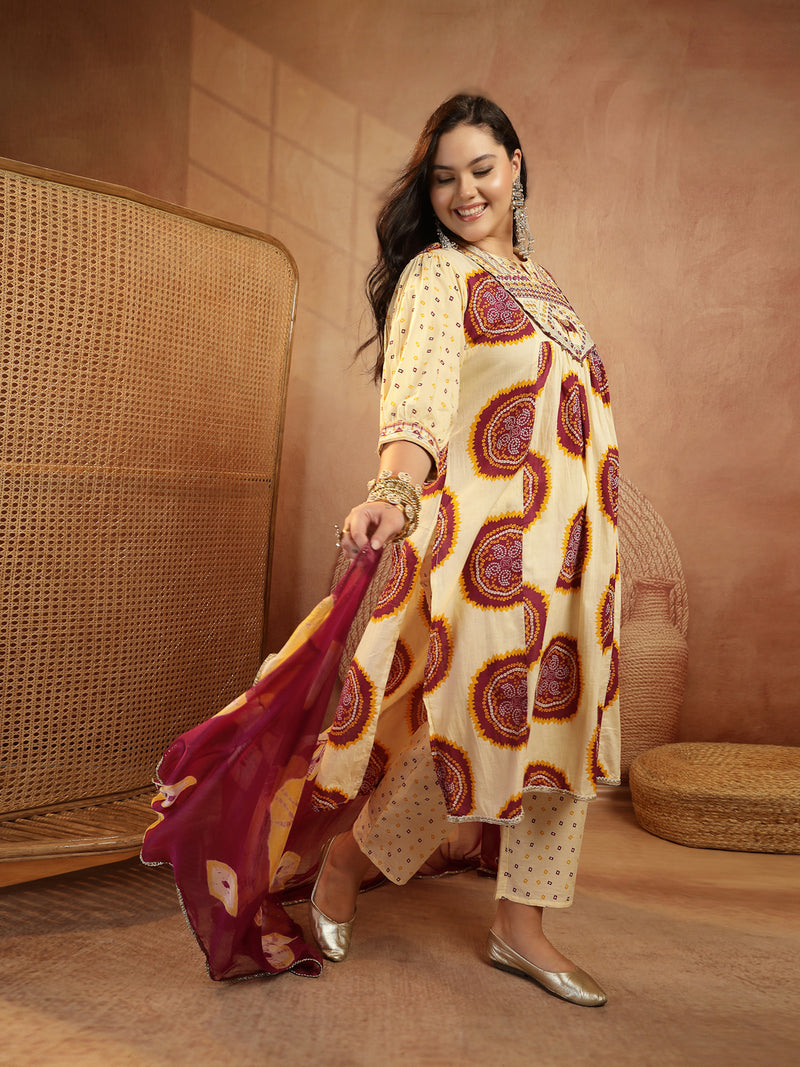 Stylum Women's Plus Size Wine Bandhej Printed & Embroidered Cotton A-Line Kurta Pant Dupatta Set (KPDWINEMISHRIPLUS)