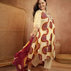 Stylum Women's Plus Size Wine Bandhej Printed & Embroidered Cotton A-Line Kurta Pant Dupatta Set (KPDWINEMISHRIPLUS)