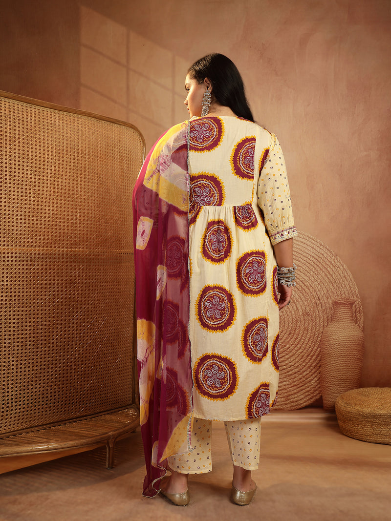 Stylum Women's Plus Size Wine Bandhej Printed & Embroidered Cotton A-Line Kurta Pant Dupatta Set (KPDWINEMISHRIPLUS)