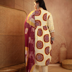 Stylum Women's Plus Size Wine Bandhej Printed & Embroidered Cotton A-Line Kurta Pant Dupatta Set (KPDWINEMISHRIPLUS)