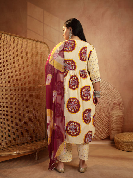 Stylum Women's Plus Size Wine Bandhej Printed & Embroidered Cotton A-Line Kurta Pant Dupatta Set (KPDWINEMISHRIPLUS)