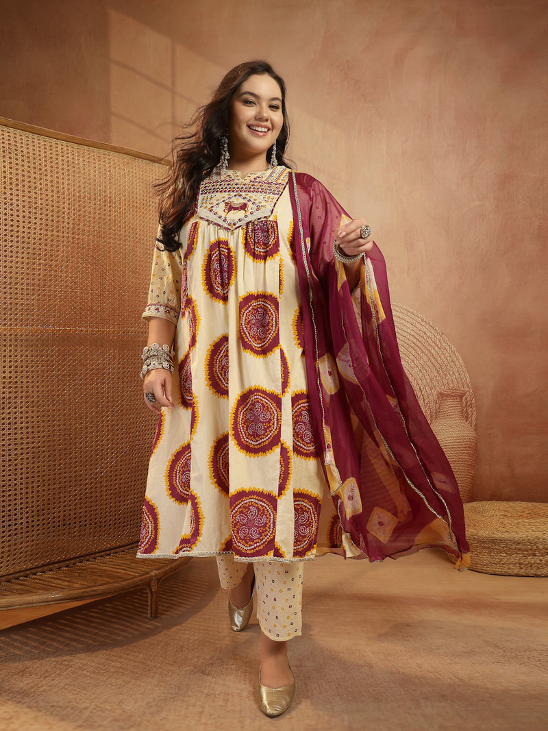 Stylum Women's Plus Size Wine Bandhej Printed & Embroidered Cotton A-Line Kurta Pant Dupatta Set (KPDWINEMISHRIPLUS)