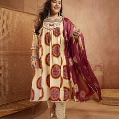 Stylum Women's Plus Size Wine Bandhej Printed & Embroidered Cotton A-Line Kurta Pant Dupatta Set (KPDWINEMISHRIPLUS)
