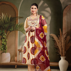 Stylum Women's Wine Bandhej Printed & Embroidered Cotton A-Line Kurta Pant Dupatta Set (KPDWINEMISHRI)