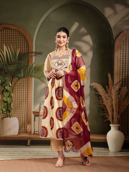 Stylum Women's Wine Bandhej Printed & Embroidered Cotton A-Line Kurta Pant Dupatta Set (KPDWINEMISHRI)