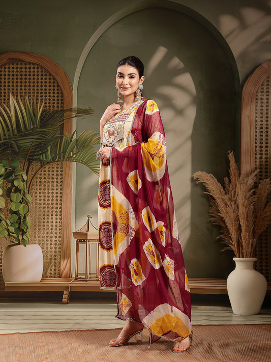 Stylum Women's Wine Bandhej Printed & Embroidered Cotton A-Line Kurta Pant Dupatta Set (KPDWINEMISHRI)