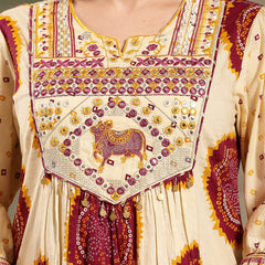 Stylum Women's Wine Bandhej Printed & Embroidered Cotton A-Line Kurta Pant Dupatta Set (KPDWINEMISHRI)