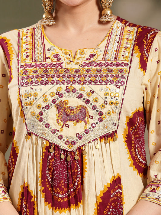 Stylum Women's Wine Bandhej Printed & Embroidered Cotton A-Line Kurta Pant Dupatta Set (KPDWINEMISHRI)