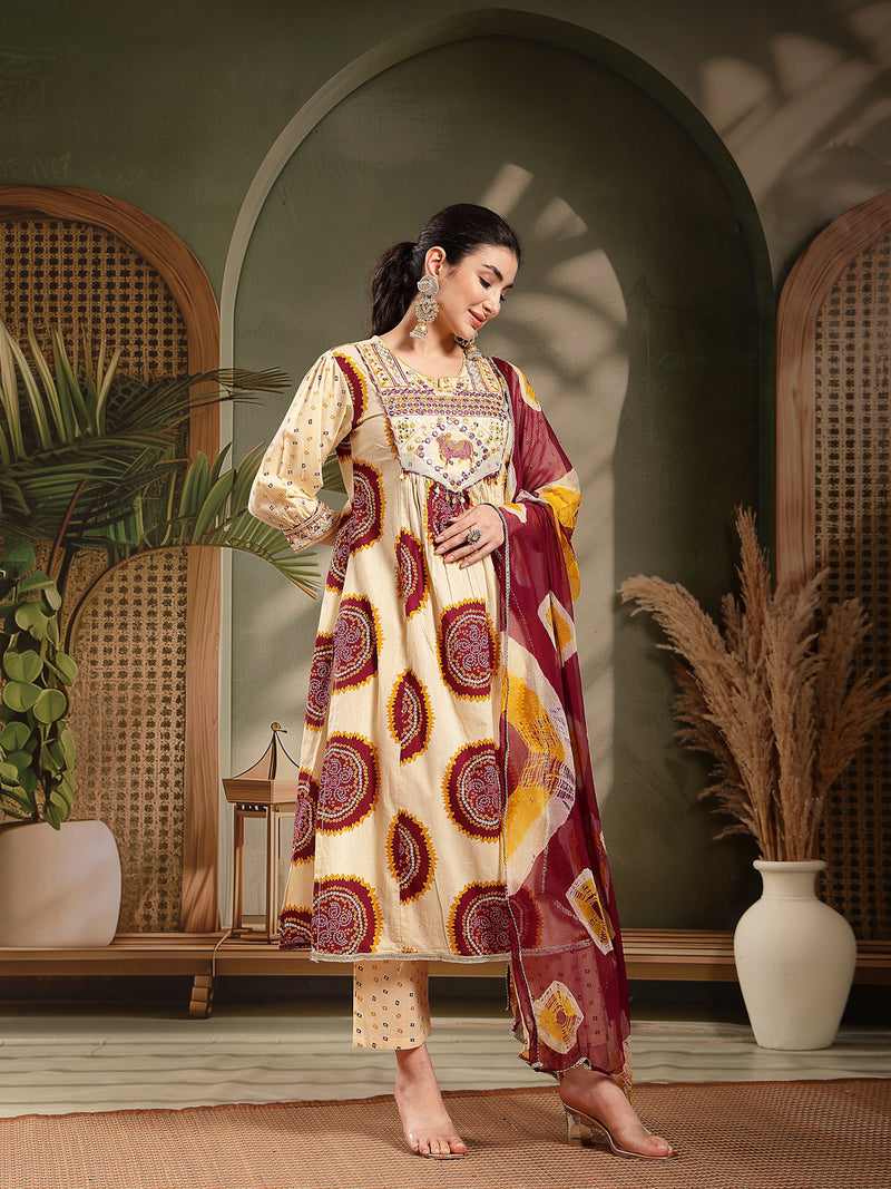 Stylum Women's Wine Bandhej Printed & Embroidered Cotton A-Line Kurta Pant Dupatta Set (KPDWINEMISHRI)