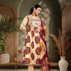 Stylum Women's Wine Bandhej Printed & Embroidered Cotton A-Line Kurta Pant Dupatta Set (KPDWINEMISHRI)