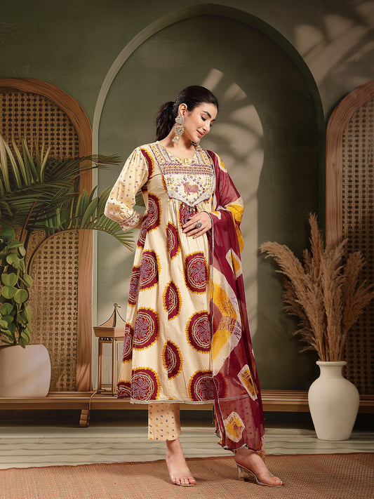 Stylum Women's Wine Bandhej Printed & Embroidered Cotton A-Line Kurta Pant Dupatta Set (KPDWINEMISHRI)