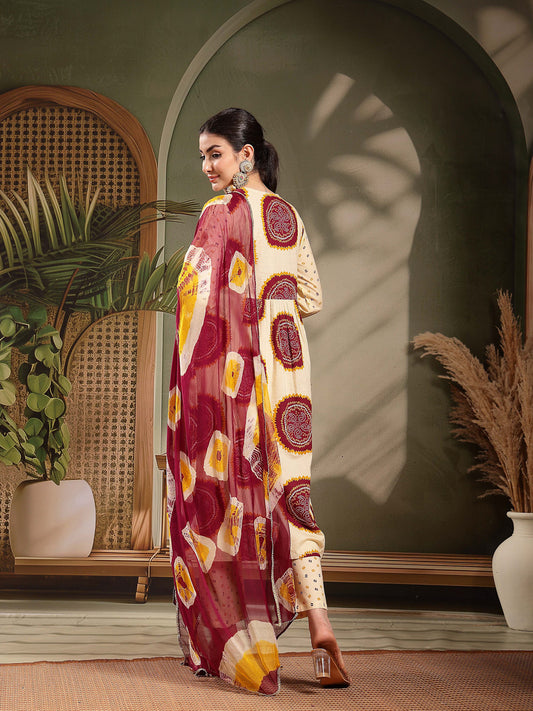 Stylum Women's Wine Bandhej Printed & Embroidered Cotton A-Line Kurta Pant Dupatta Set (KPDWINEMISHRI)