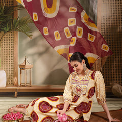 Stylum Women's Wine Bandhej Printed & Embroidered Cotton A-Line Kurta Pant Dupatta Set (KPDWINEMISHRI)