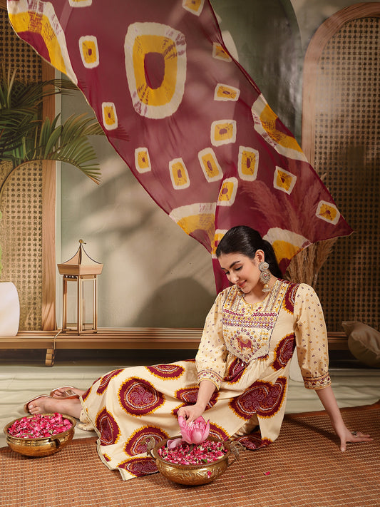 Stylum Women's Wine Bandhej Printed & Embroidered Cotton A-Line Kurta Pant Dupatta Set (KPDWINEMISHRI)