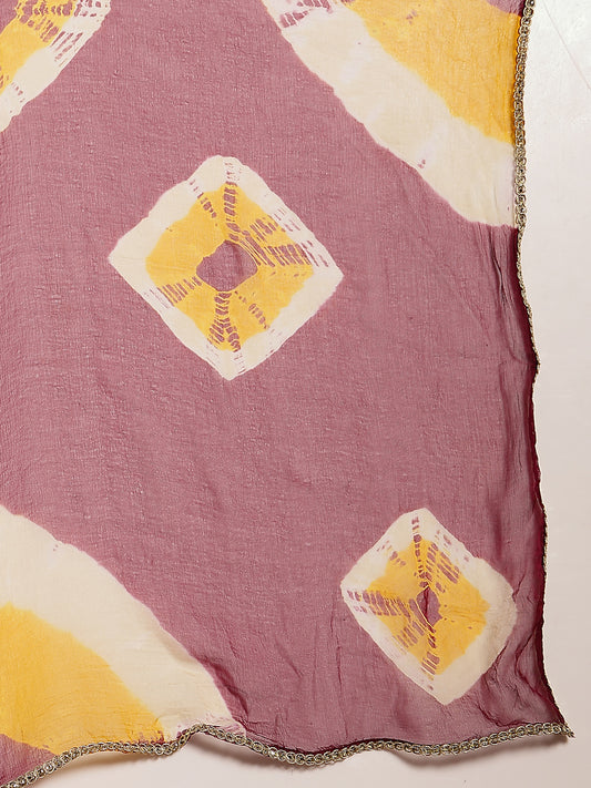 Stylum Women's Wine Bandhej Printed & Embroidered Cotton A-Line Kurta Pant Dupatta Set (KPDWINEMISHRI)