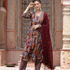 Stylum Women's Wine Floral Printed & Embroidered Silk Blend A-Line Kurta Pant Dupatta Set (KPDWINENAZMA)