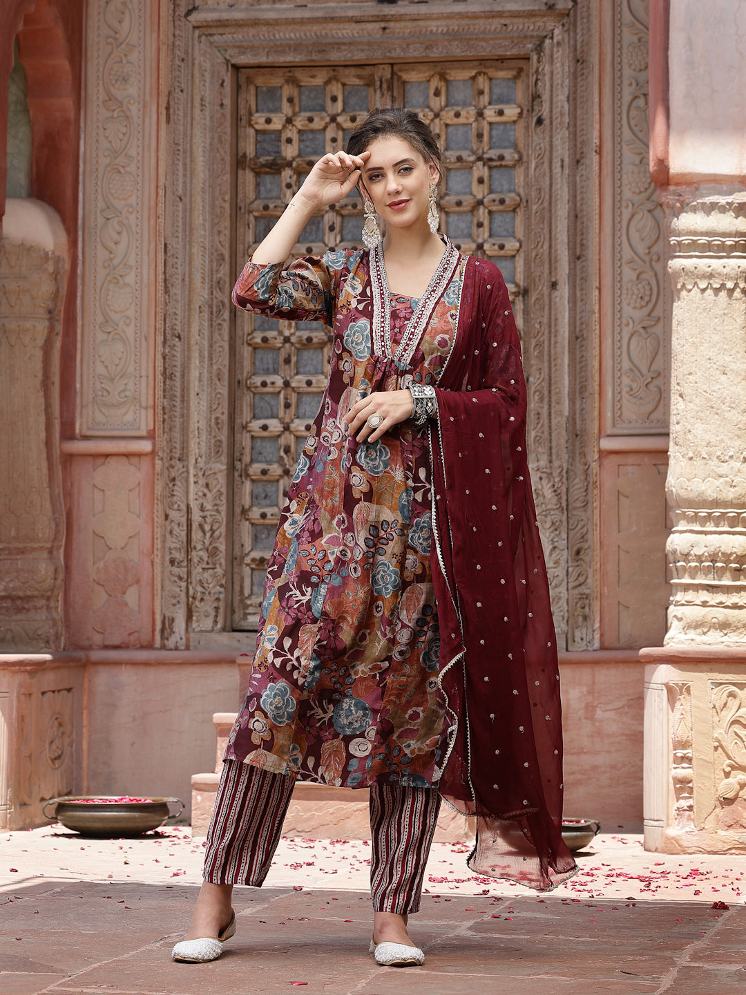 Stylum Women's Wine Floral Printed & Embroidered Silk Blend A-Line Kurta Pant Dupatta Set (KPDWINENAZMA)