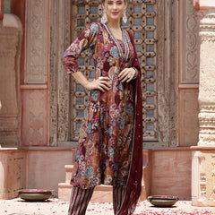 Stylum Women's Wine Floral Printed & Embroidered Silk Blend A-Line Kurta Pant Dupatta Set (KPDWINENAZMA)