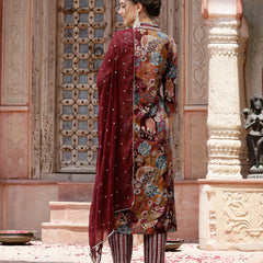Stylum Women's Wine Floral Printed & Embroidered Silk Blend A-Line Kurta Pant Dupatta Set (KPDWINENAZMA)