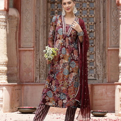 Stylum Women's Wine Floral Printed & Embroidered Silk Blend A-Line Kurta Pant Dupatta Set (KPDWINENAZMA)