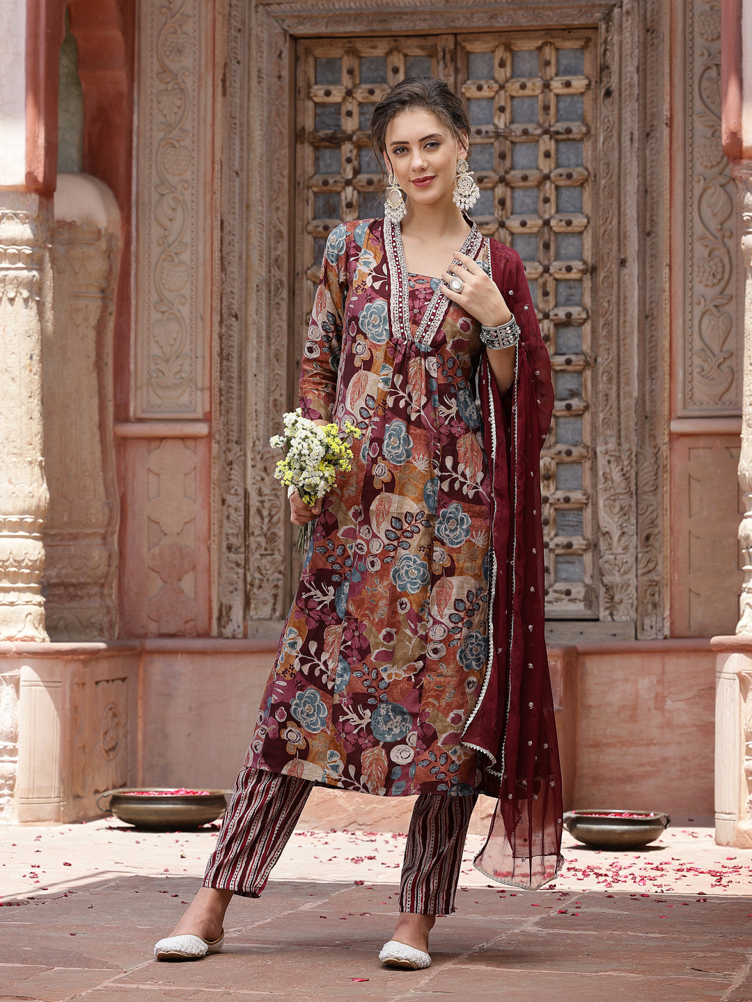 Stylum Women's Wine Floral Printed & Embroidered Silk Blend A-Line Kurta Pant Dupatta Set (KPDWINENAZMA)