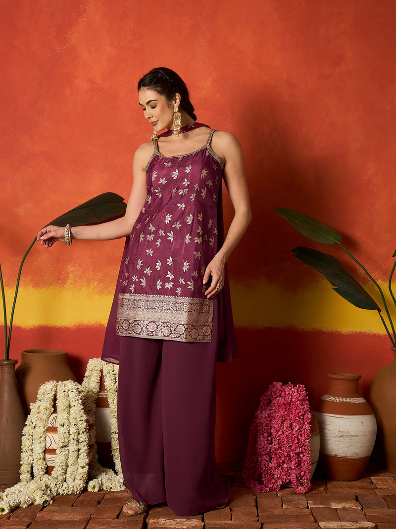 Stylum Women's Wine Floral Printed & Embroidered Brocade Straight Kurti Palazzo Dupatta Set (KPDWINEPINNI)