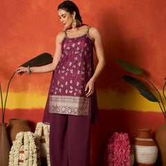 Stylum Women's Wine Floral Printed & Embroidered Brocade Straight Kurti Palazzo Dupatta Set (KPDWINEPINNI)