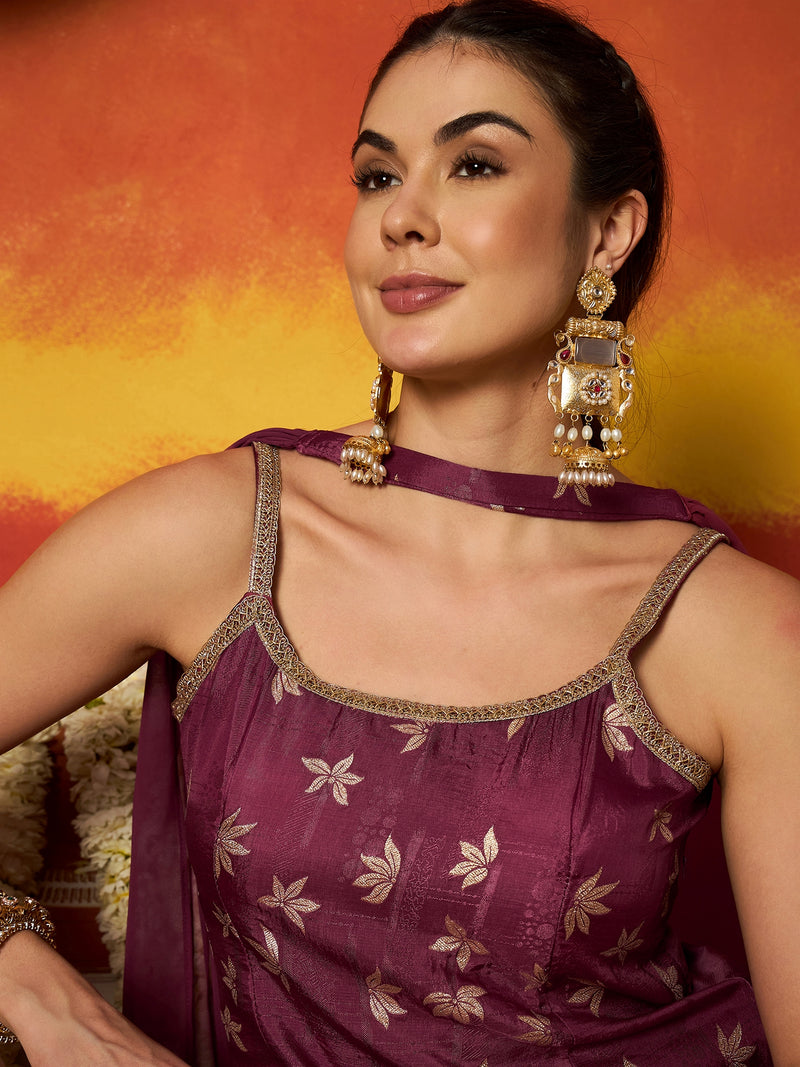 Stylum Women's Wine Floral Printed & Embroidered Brocade Straight Kurti Palazzo Dupatta Set (KPDWINEPINNI)