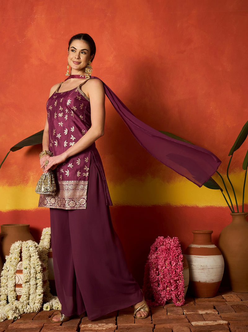 Stylum Women's Wine Floral Printed & Embroidered Brocade Straight Kurti Palazzo Dupatta Set (KPDWINEPINNI)