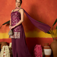 Stylum Women's Wine Floral Printed & Embroidered Brocade Straight Kurti Palazzo Dupatta Set (KPDWINEPINNI)