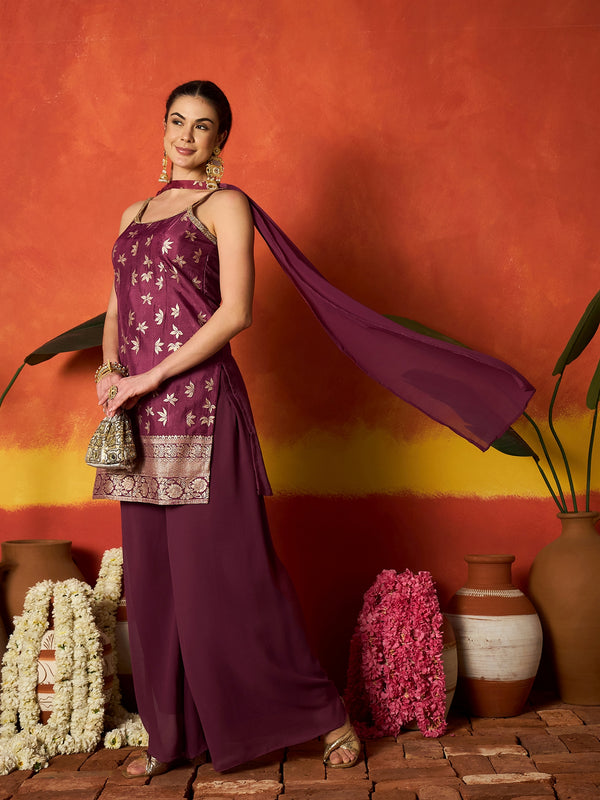 Stylum Women's Wine Floral Printed & Embroidered Brocade Straight Kurti Palazzo Dupatta Set (KPDWINEPINNI)